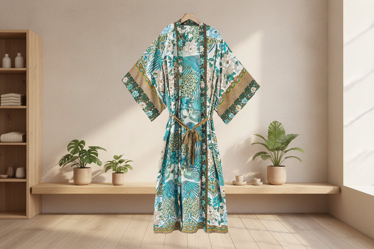 Crane Serenity: Bohemian Kimono-Robe mit kunstvollem Kranich-Print