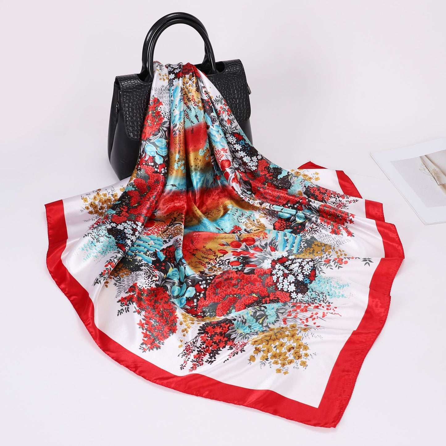 Großes Satin-Kopftuch mit Floral-Print – Quadratisches Seidengefühl-Halstuch & Boho-Haarschutz (90 x 90 cm)