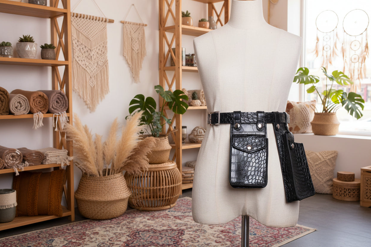 Taillentasche im Boho Chic – Midnight Croc & Natur PU