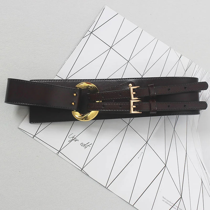 Asymmetrischer Breitschulter-Gürtel aus PU-Leder – Taillengürtel mit Doppel-Schnalle & Gold-Akzent in Apricot / Cognac