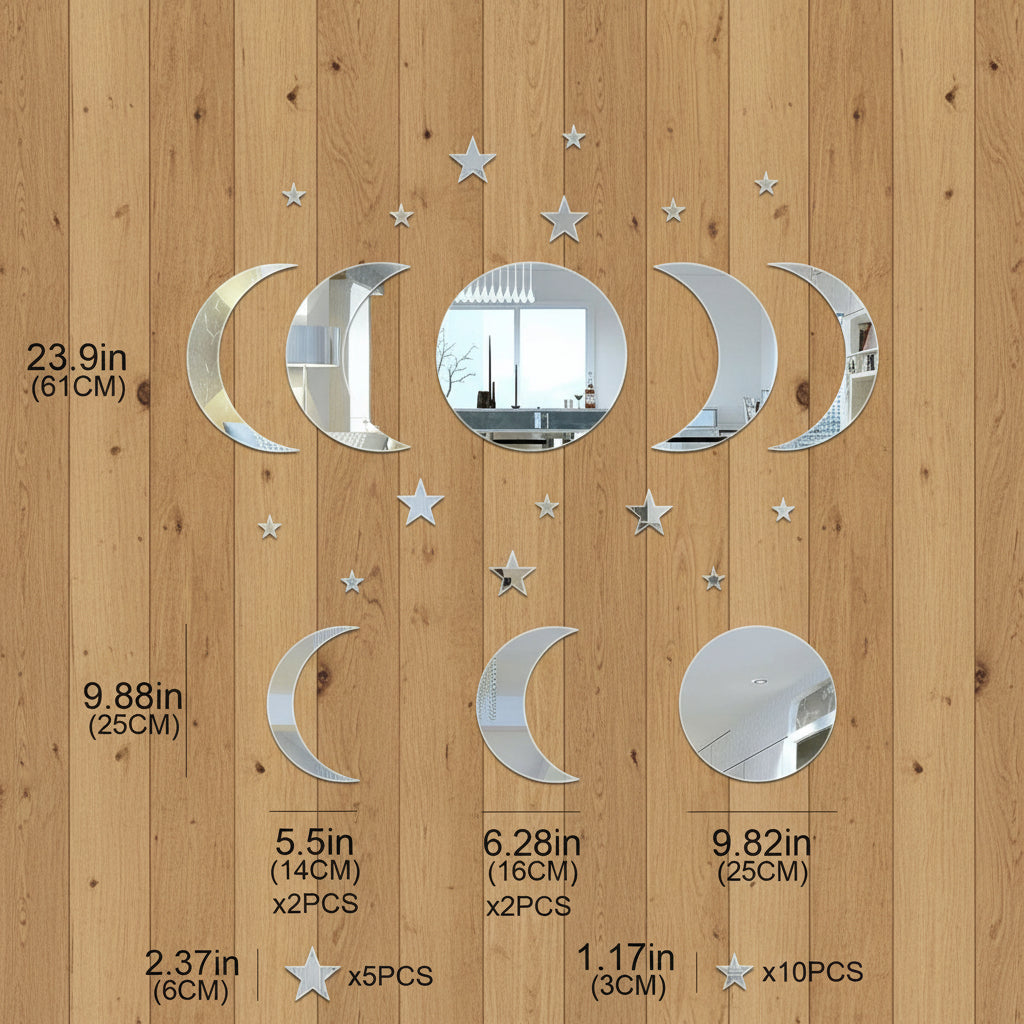 XXL Mondphasen & Sterne Spiegel-Set – 20-teilige Acryl Wanddeko für ein magisches Zuhause