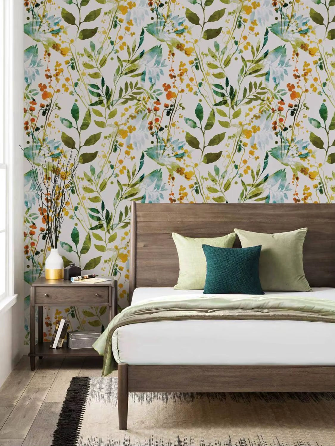 Handgezeichnete Boho Frühlings-Wasserfarben Tapete – Abstrakte Kräuter-Prints für Wohnzimmer und Schlafzimmer