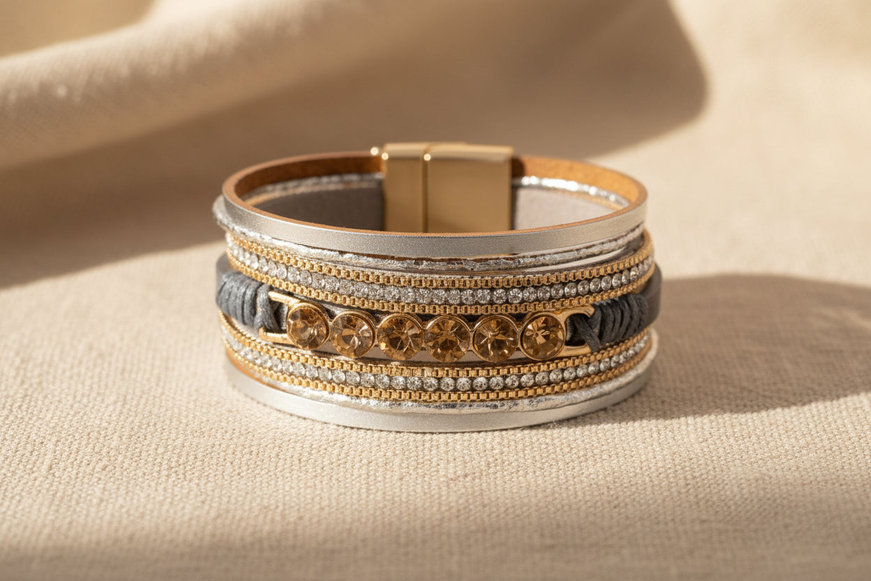 Crystal Layer: Mehrlagiges Boho-Lederarmband mit Metallbesatz