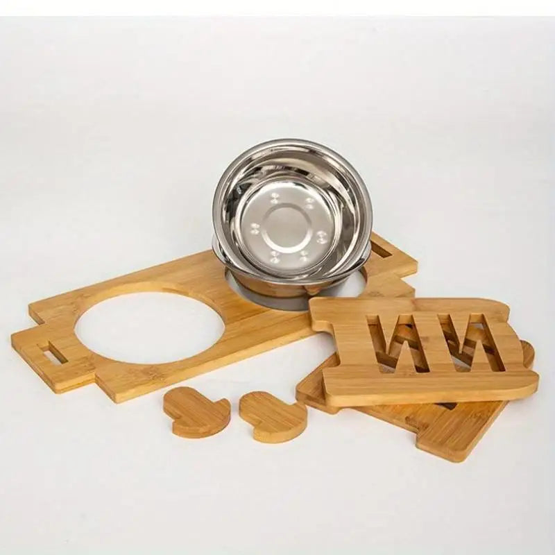 Bambus-Futternapfhalter für Hunde und Katzen – Doppelter Edelstahl-Bowl-Stand mit Futterrack
