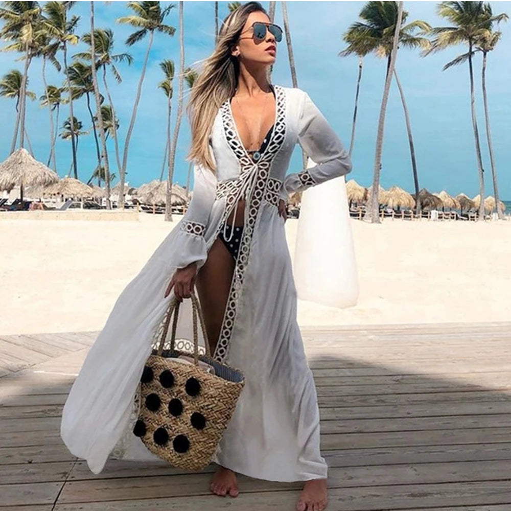 Bikini Beach Cover-Up Tunika mit Blätterdruck – Lange Kaftan Sarong Badeanzug Bedeckung für den Strand