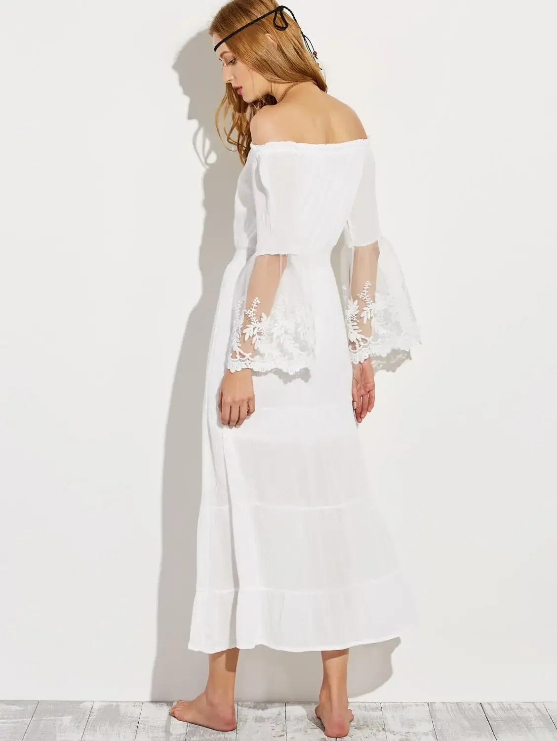 Boho-Kleid Weiß von TEELYNN – Sexy Off-Shoulder Strandkleid mit Flare-Ärmeln und Spitze für Damen – Sommer
