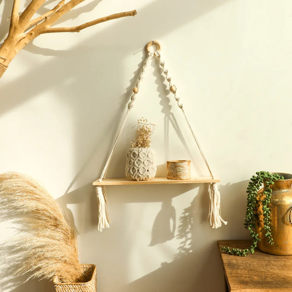 Boho Wooden Macrame Floating Shelves – Handgefertigte Wandregale im Rustikalen Stil für Pflanzen und Dekoration