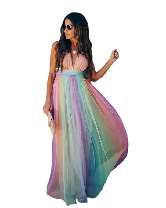 Sexy Deep V-Neck Rainbow Mesh Dress für Frauen – High Waist Sling Sommerkleid für Strand & Streetwear