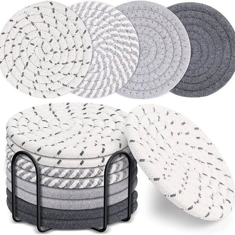 8er-Set Absorbierende Untersetzer für Getränke mit Halter – Minimalistische Baumwollgewebte Coaster für Tischdekoration im Boho-Stil