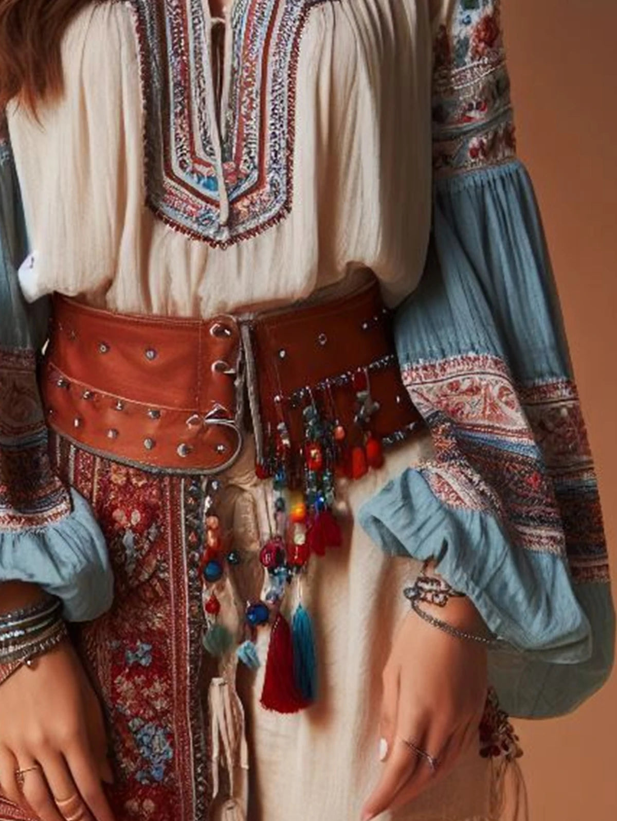 Boho Lantern Sleeve Bluse mit Blumenmuster und Kordelzug – Ethno-Stil für Damen, Perfekt für Frühling, Sommer & Herbst