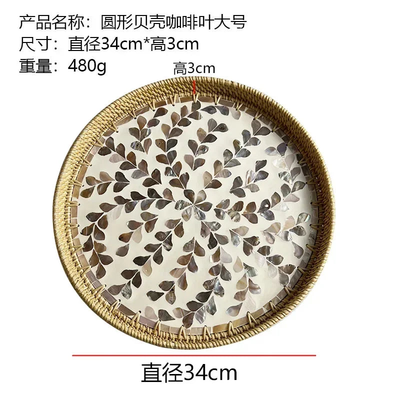 Rattan & Muschel Aufbewahrungstablett – Handgefertigt, Rund, für Wohnzimmer, Picknick und Luxus-Servierplatten