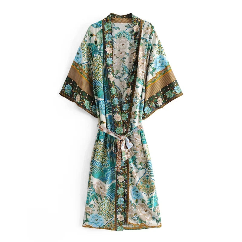 Happie Queens Bohemian Kimono Maxi Robe für Damen mit Pfauen- und Blumenprint – V-Ausschnitt, Batwing-Ärmel, Sommer-Bikini-Überwurf