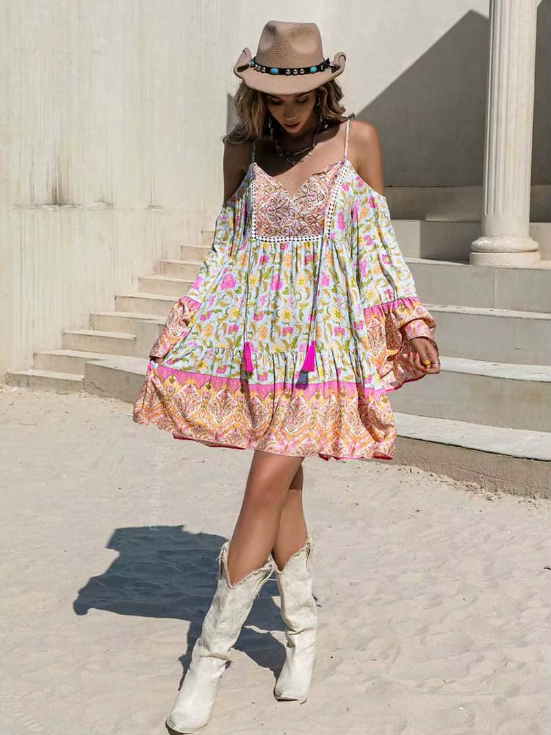 Floral Print Rayon Mini Boho Dress for Women off Shoulder