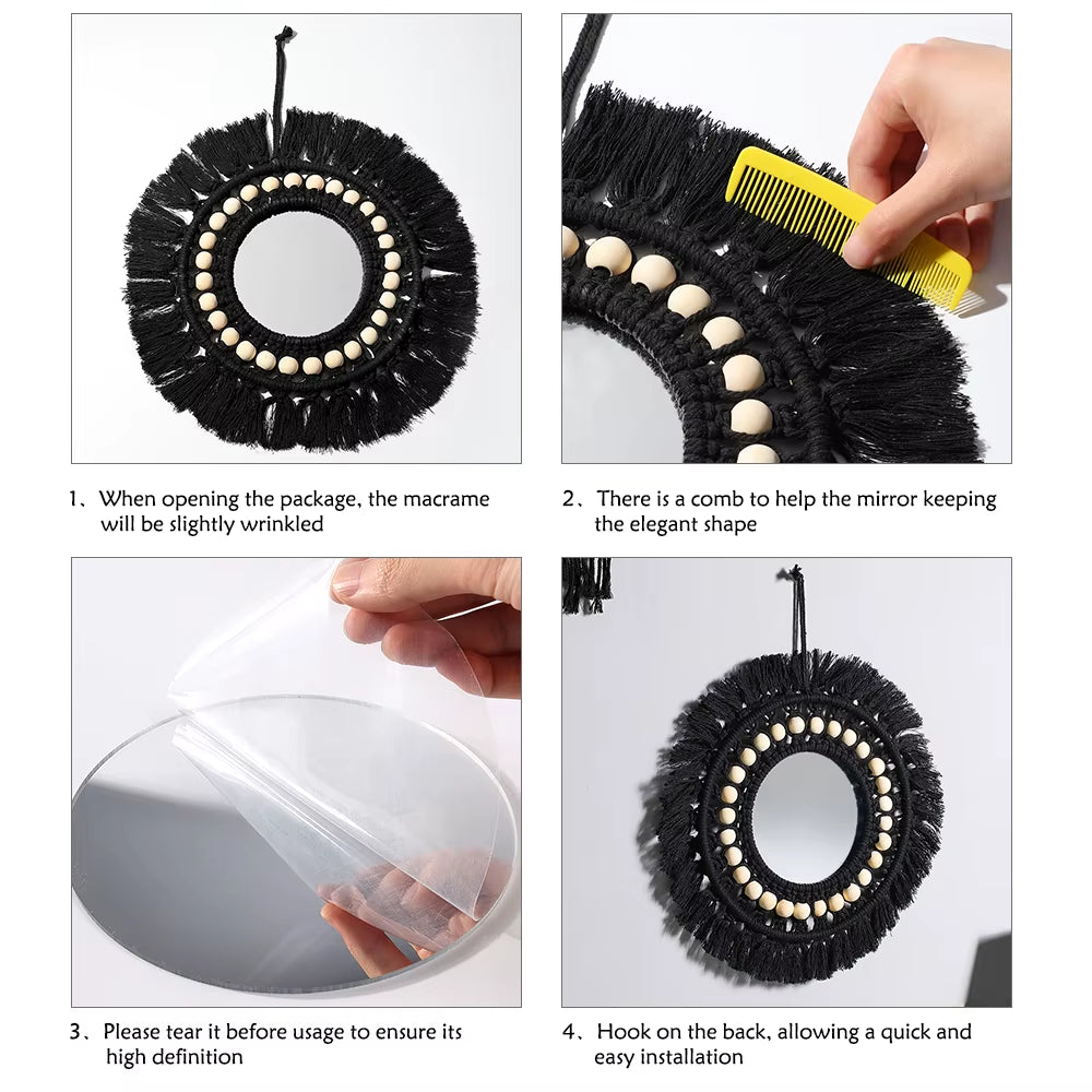 Schwarzer Makramee Spiegel mit Holzperlen – Boho Wanddekor für dein Zuhause 🌿✨