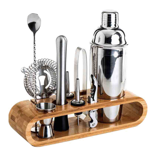 10PCS Stainless Steel Cocktail Shaker Cocktail Mixing Tool Set with Bamboo Base for Storage