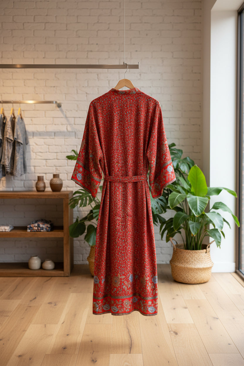 Autumn Ember: Boho-Kimono aus reiner Baumwolle mit Ethno-Saum & Vintage-Vibe