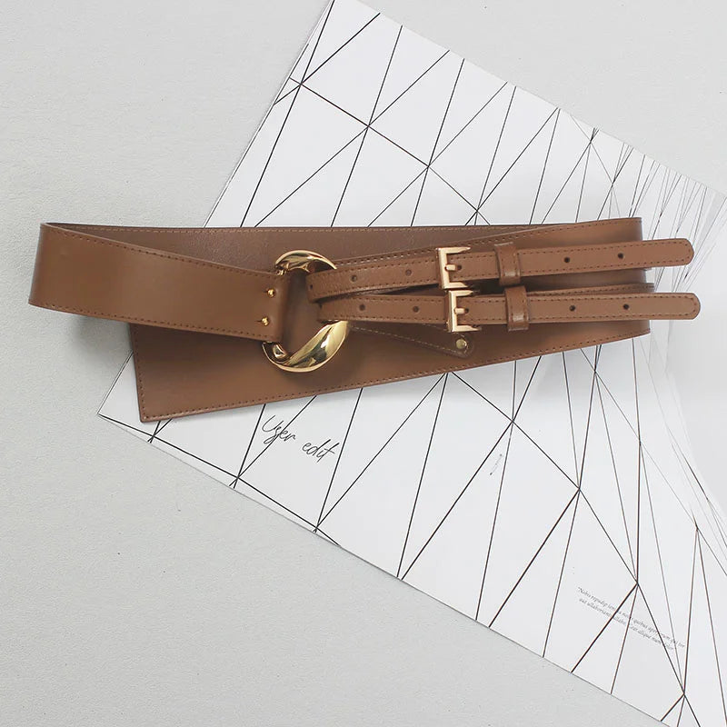 Asymmetrischer Breitschulter-Gürtel aus PU-Leder – Taillengürtel mit Doppel-Schnalle & Gold-Akzent in Apricot / Cognac