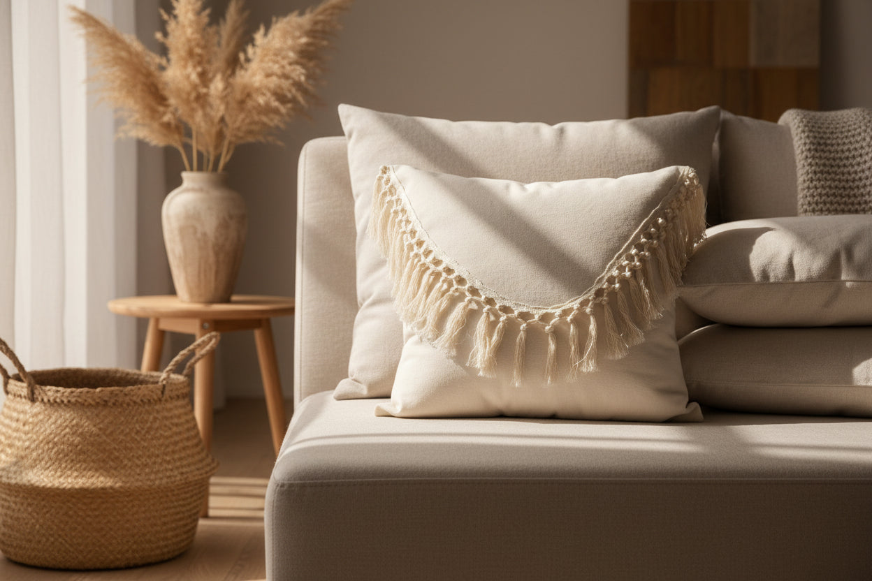Creamy Texture – Boho-Kissenbezug mit Quasten-Details