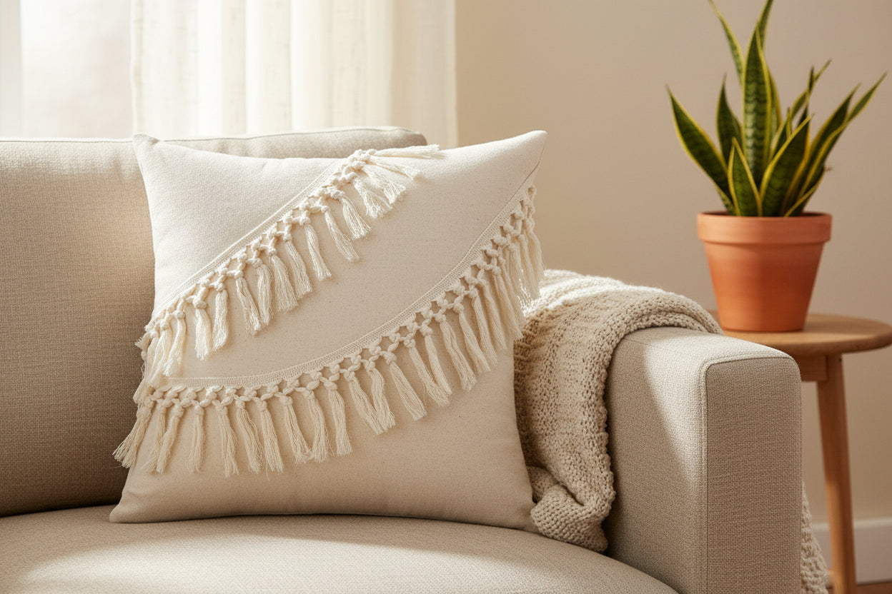 Creamy Texture – Boho-Kissenbezug mit Quasten-Details