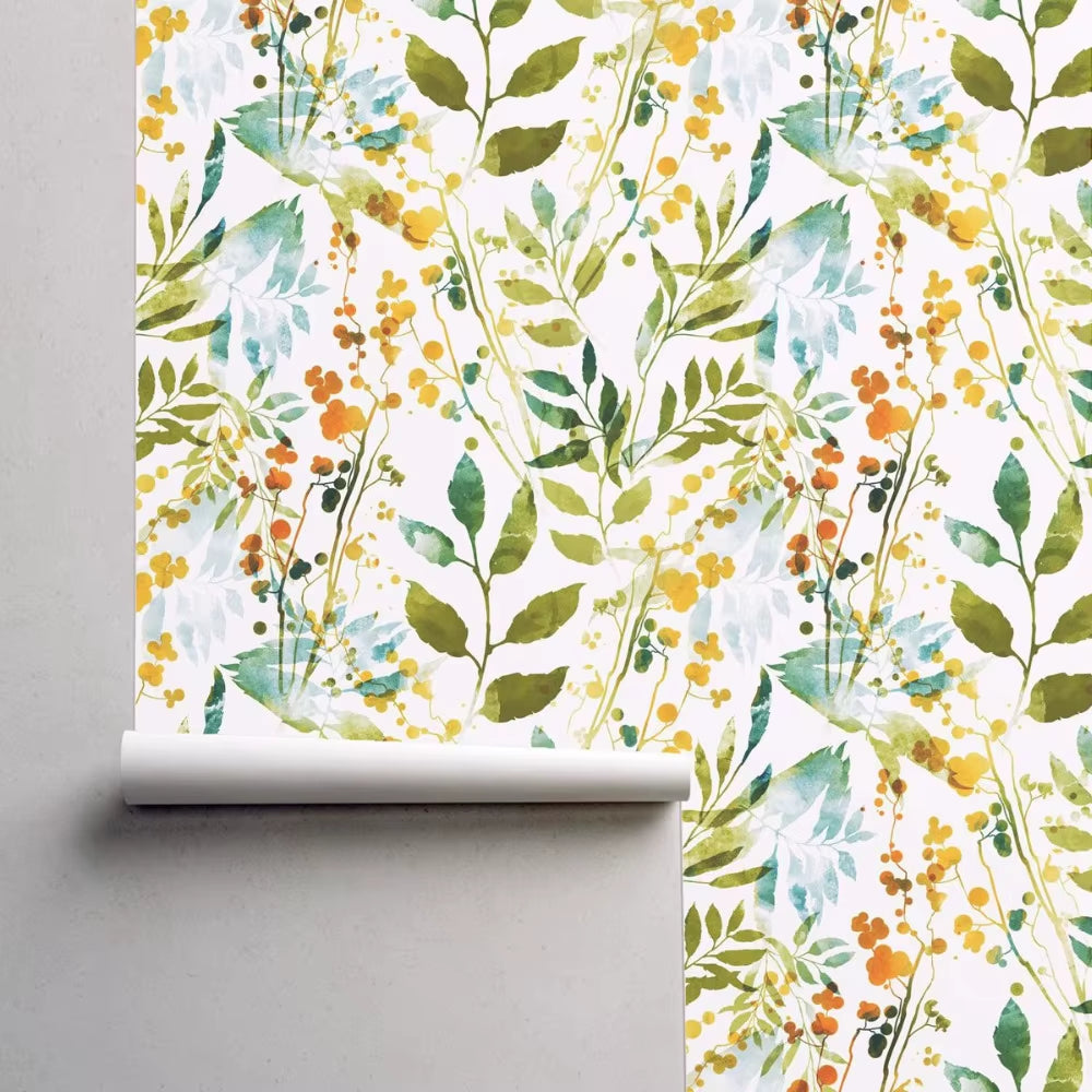Handgezeichnete Boho Frühlings-Wasserfarben Tapete – Abstrakte Kräuter-Prints für Wohnzimmer und Schlafzimmer
