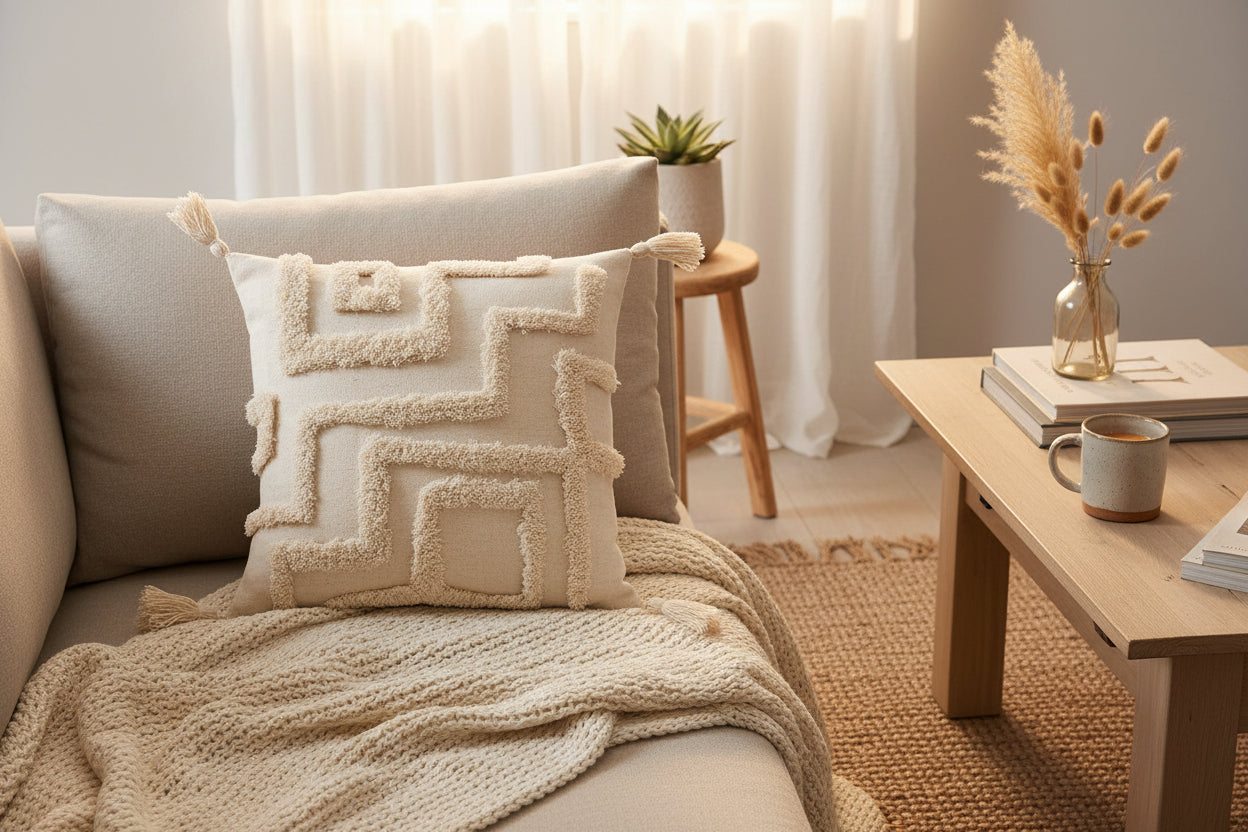 Creamy Texture – Boho-Kissenbezug mit Quasten-Details