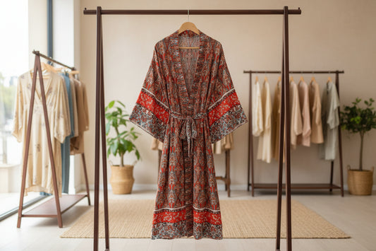 Earth Spirit: Ethno-Baumwoll-Kimono mit kunstvollem Print & Glockenärmeln