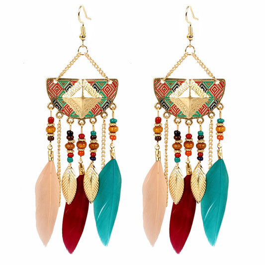 Bohemian Earrings Vintage Long Tassel Feather Earrings Exaggerated Semicircle Geometric Earrings