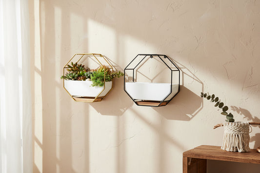 Geometrischer Wand-Pflanztopf „Hexagon Garden“ – Set mit Gold- & Schwarz-Akzenten