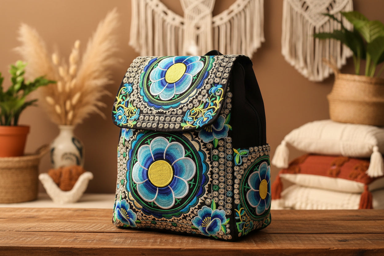 Midnight Blossom – Bestickter Vintage-Rucksack aus Baumwoll-Segeltuch