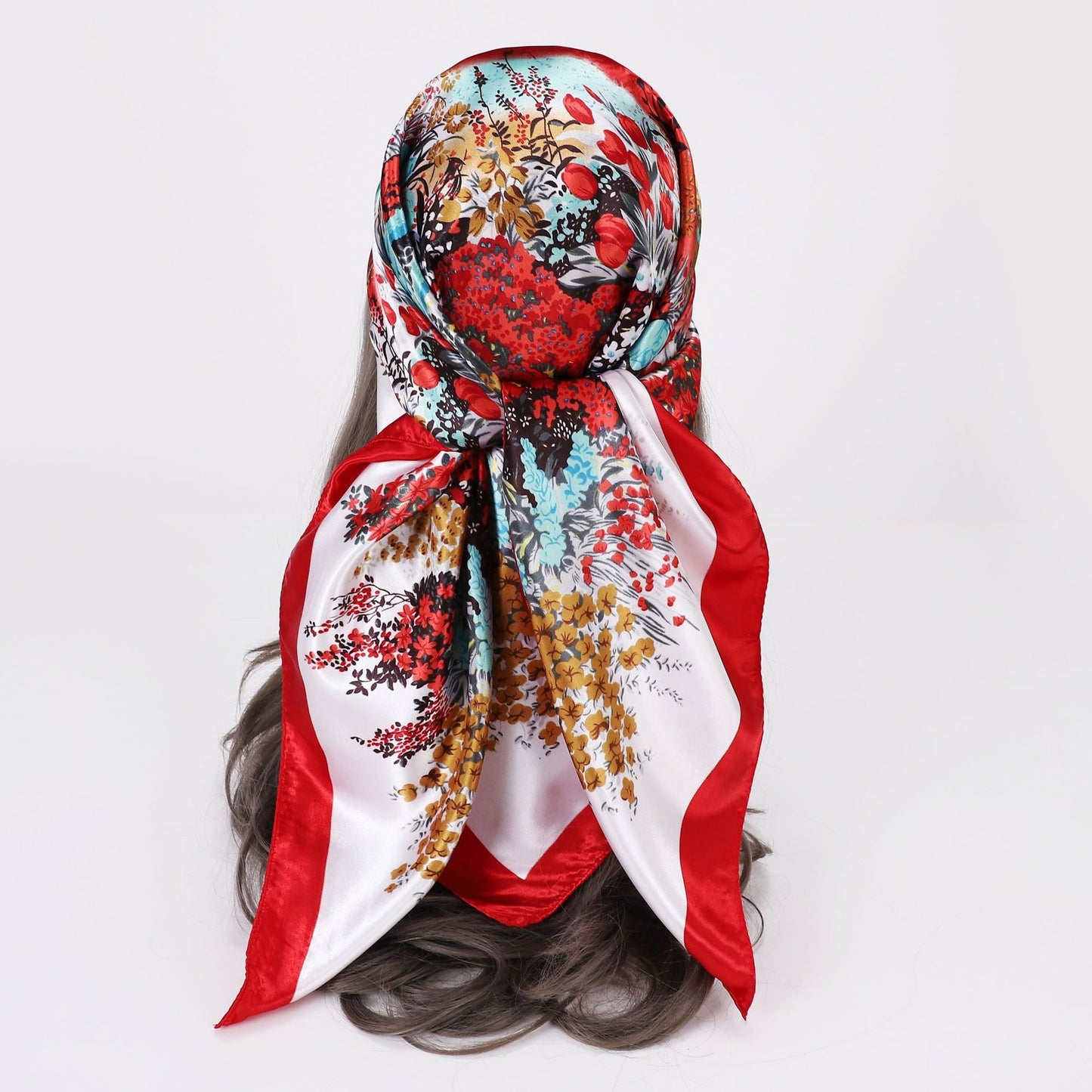 Großes Satin-Kopftuch mit Floral-Print – Quadratisches Seidengefühl-Halstuch & Boho-Haarschutz (90 x 90 cm)
