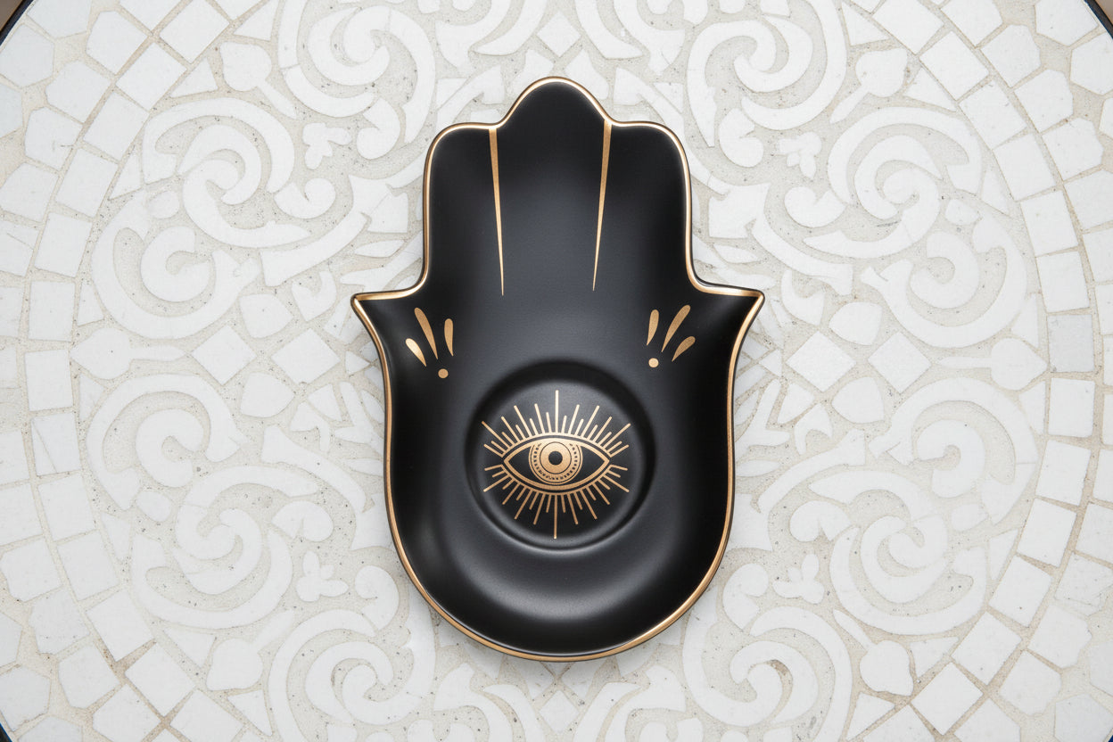 Hamsa Hand Dekoschale Schwarz & Gold – Schutzsymbol "Auge" als Schmuckablage für dein Boho-Home