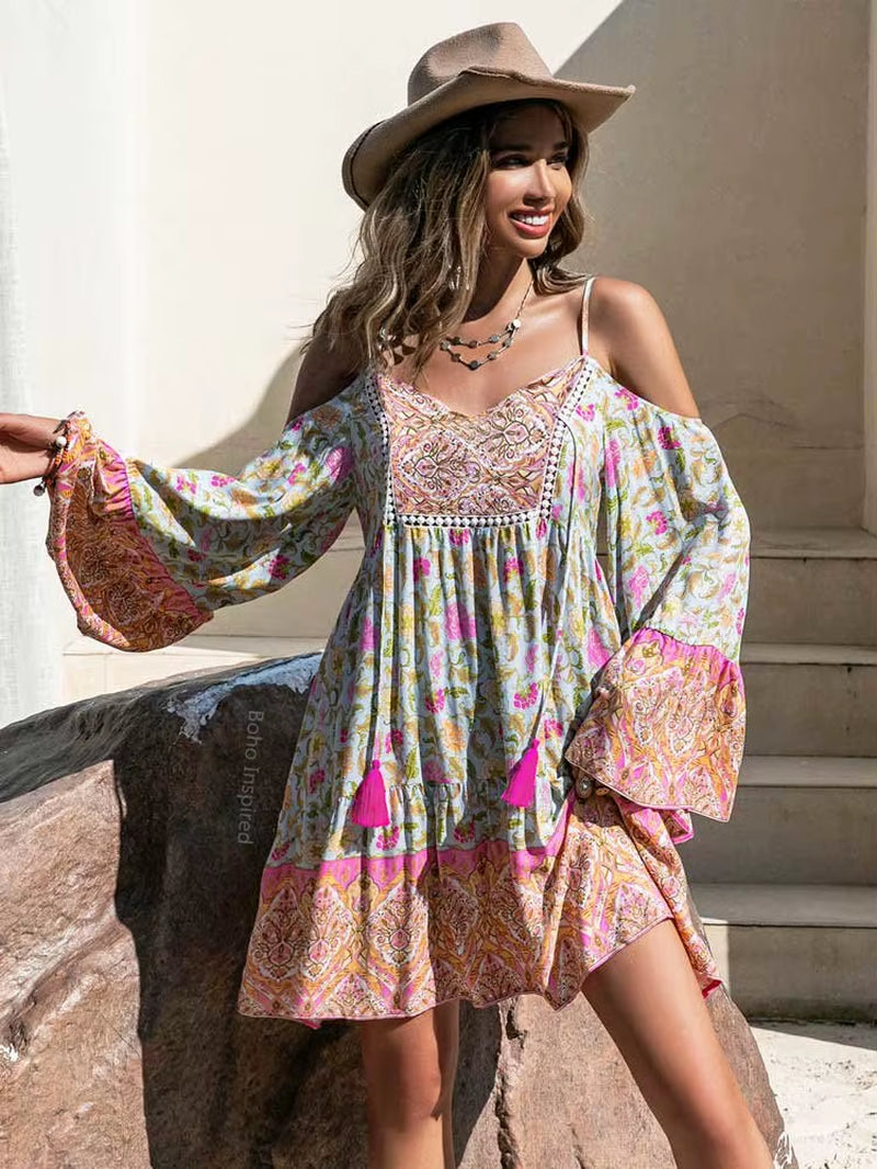 Floral Print Rayon Mini Boho Dress for Women off Shoulder