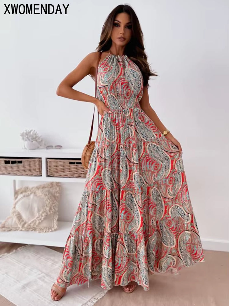 Summer Vibes: Sexy Floral Halter Maxi Dress – Bohemian Backless Beach Dress mit Rüschen und Großem Saum