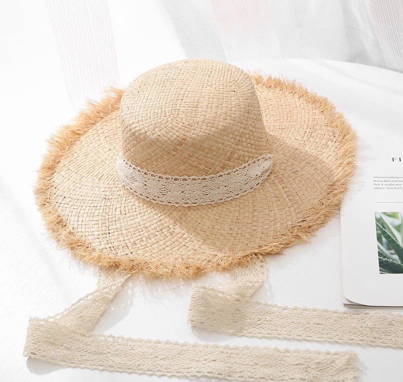Lafite Strohhut mit breiter Krempe – Eleganter XL-Sonnenhut aus Naturgras mit Kontrastband für Strand & Urlaub