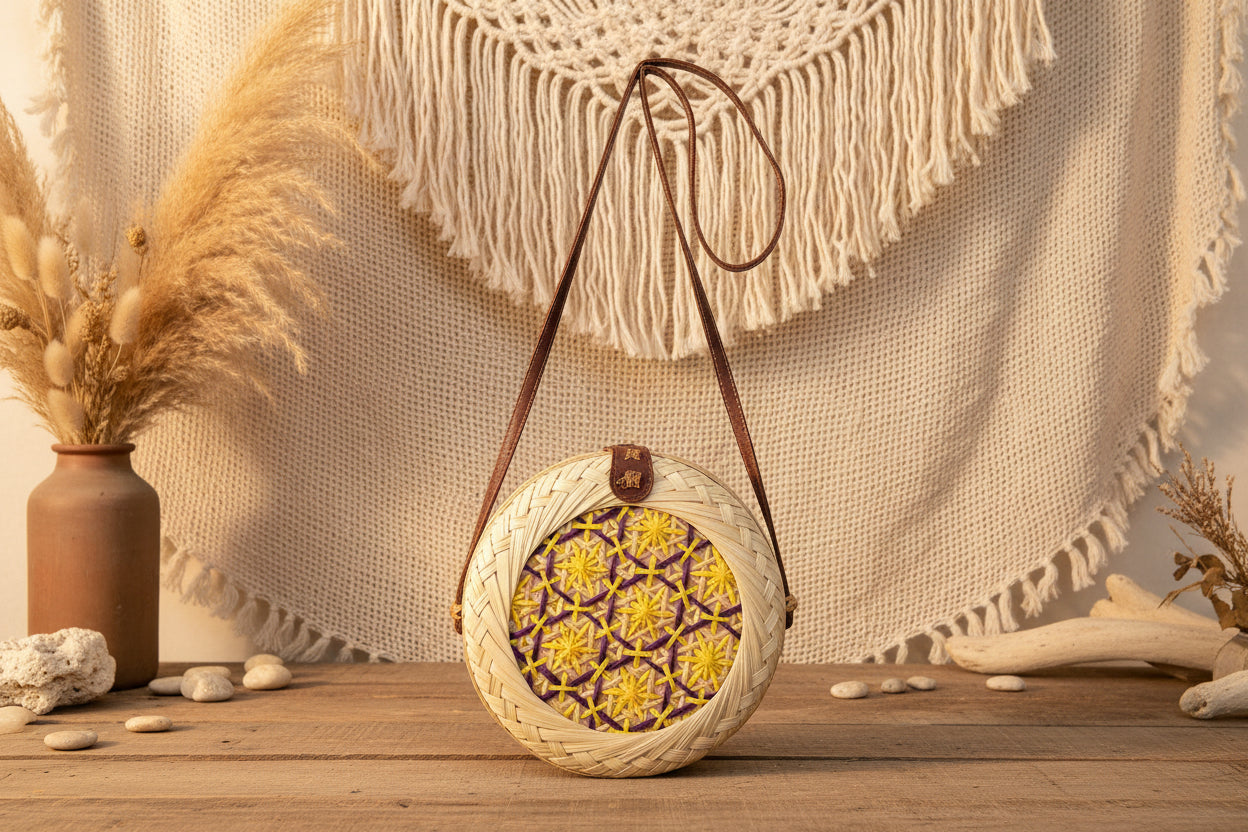 Boho-Strohtasche „Sun-Circle“ – Handgeflochtene Rundtasche