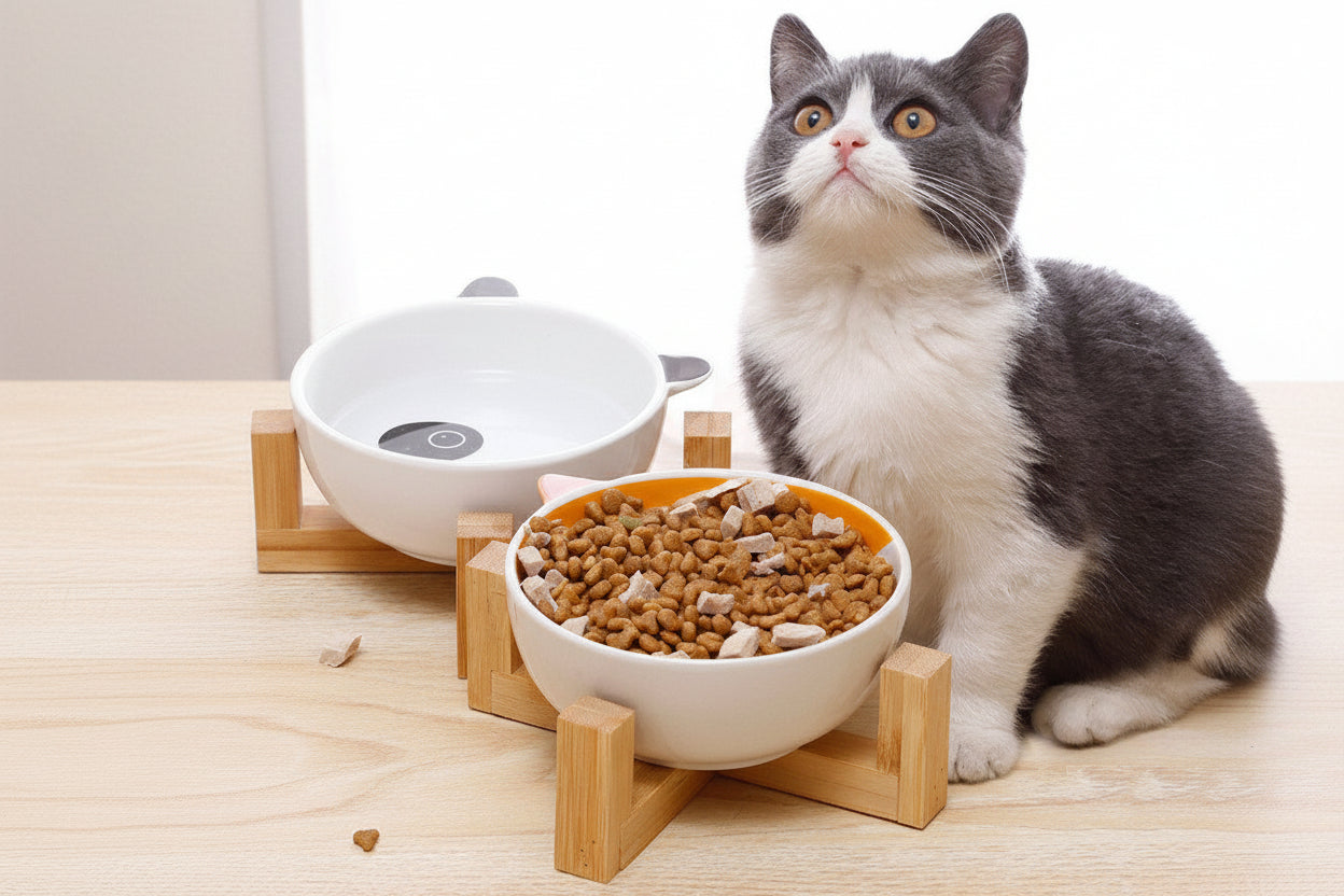Keramik-Napf „Happy Buddy“ – Ergonomische Futterstation mit Bambusgestell