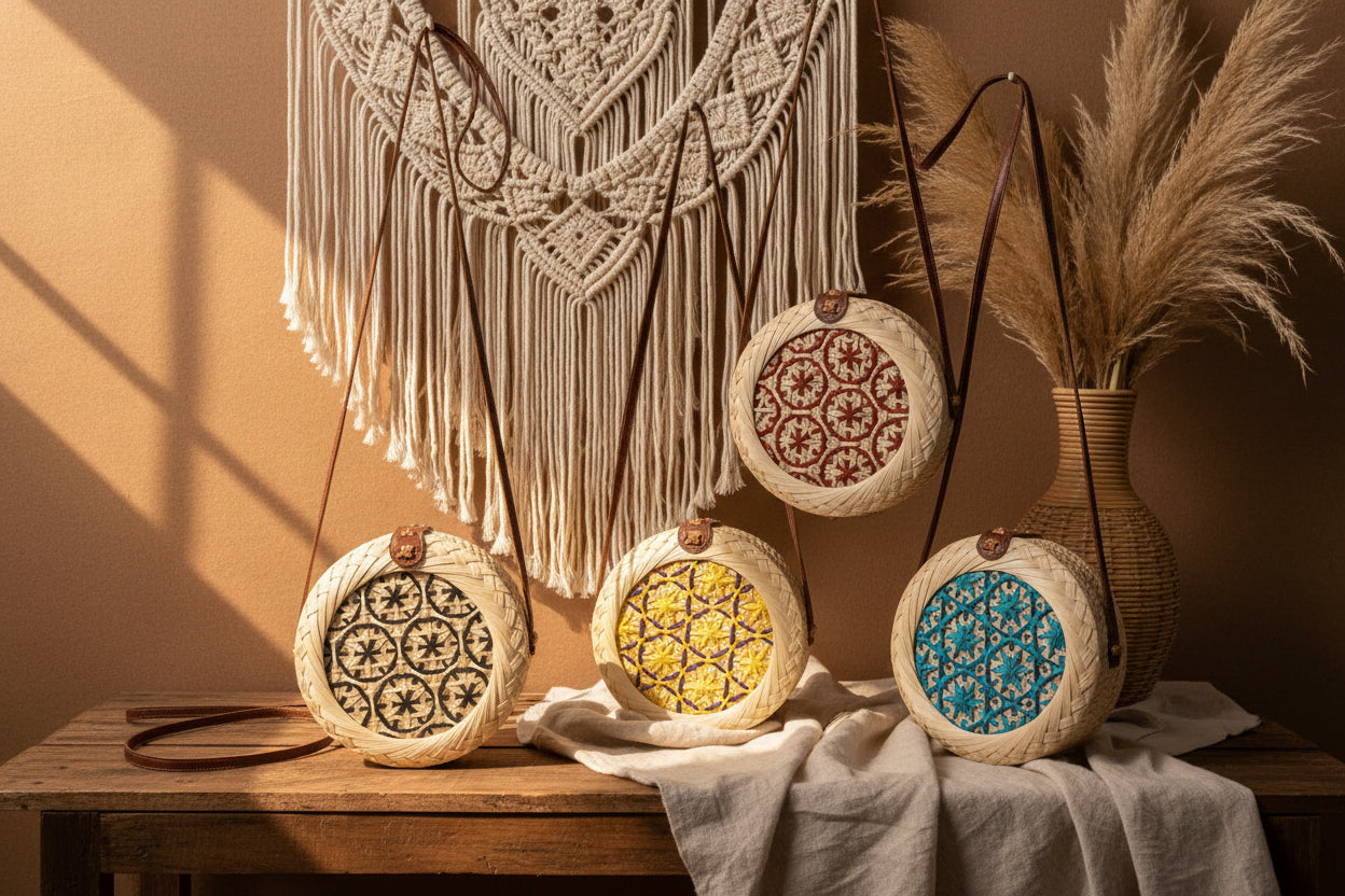 Boho-Strohtasche „Sun-Circle“ – Handgeflochtene Rundtasche