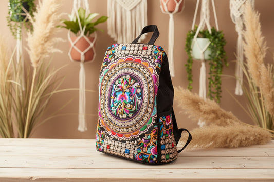 Midnight Blossom – Bestickter Vintage-Rucksack aus Baumwoll-Segeltuch