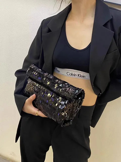 Mirror Disco – Pailletten-Clutch & Festival-Bag in Silber/Schwarz