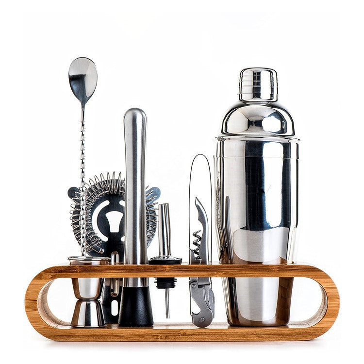 10PCS Stainless Steel Cocktail Shaker Cocktail Mixing Tool Set with Bamboo Base for Storage