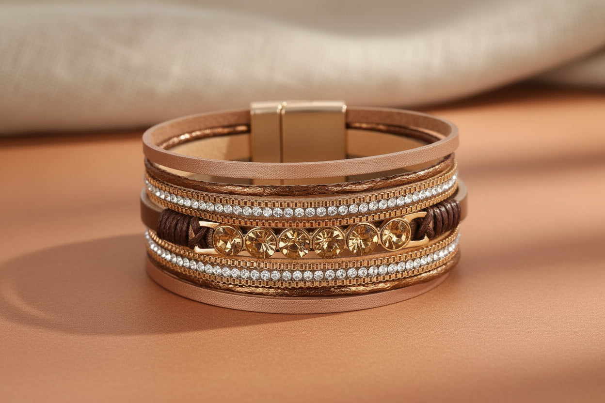 Crystal Layer: Mehrlagiges Boho-Lederarmband mit Metallbesatz