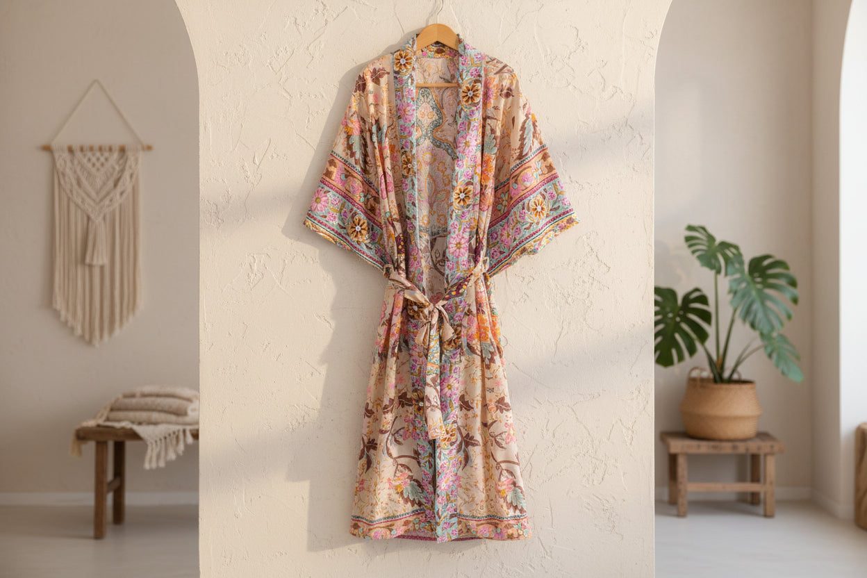Desert Bloom: Lange Resort-Robe mit Glockenärmeln & Vintage-Print