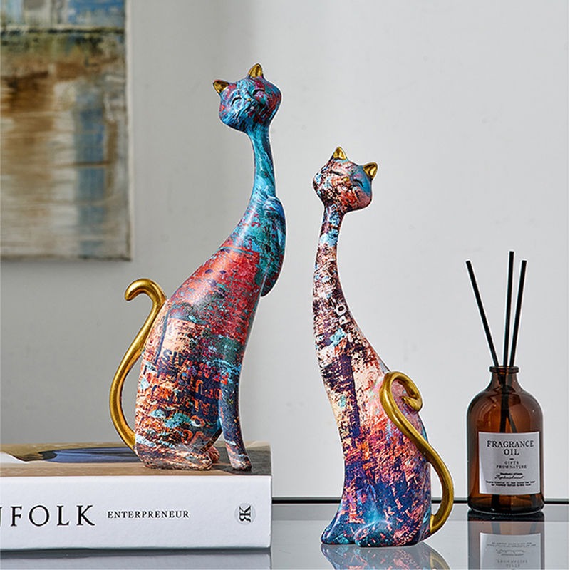Elegantes Katzen-Paar "Oil Painting" – Moderne Kunst-Figuren aus Resin für dein Boho-Wohnzimmer