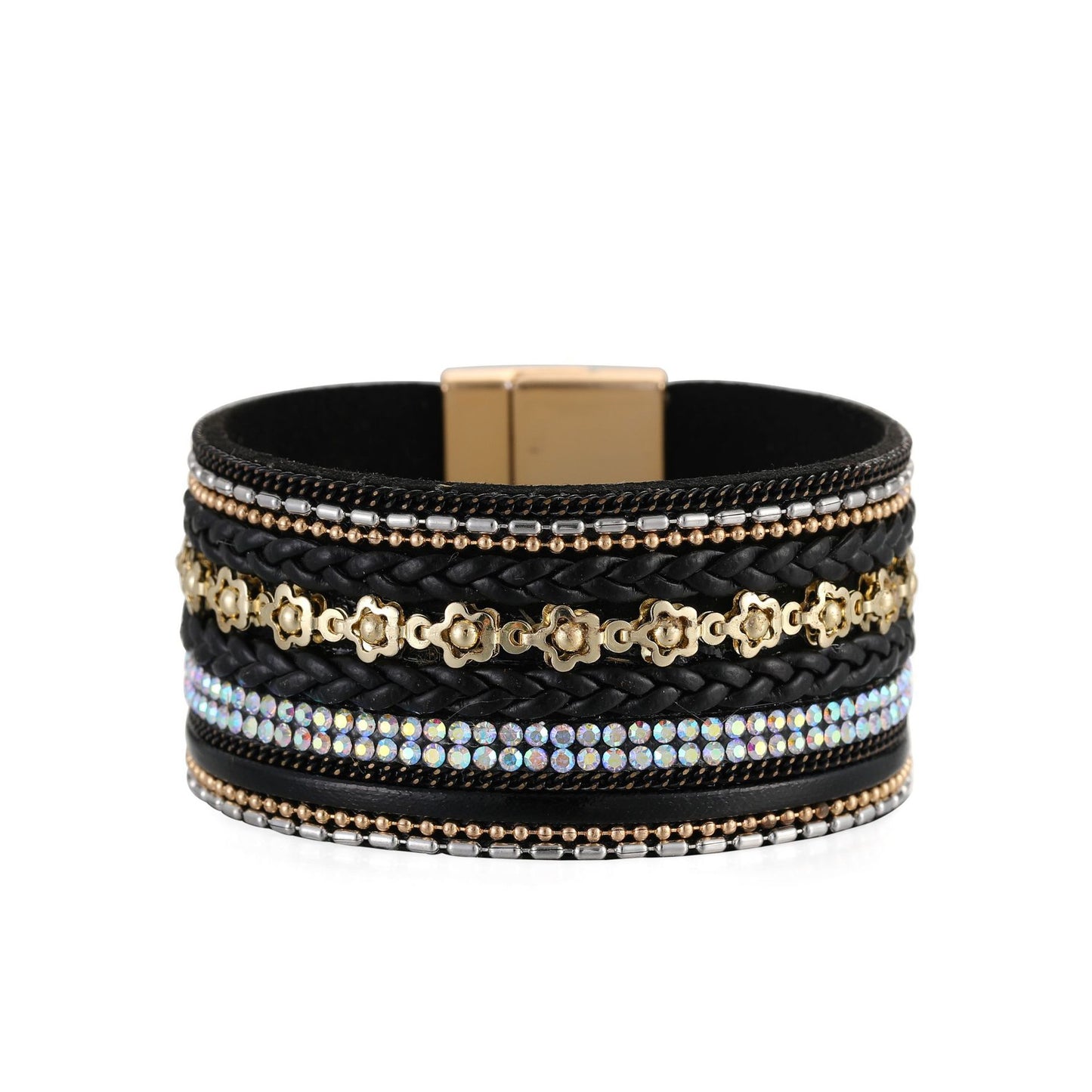 Golden Blossom: Breites Boho-Manschettenarmband mit Gold-Elementen