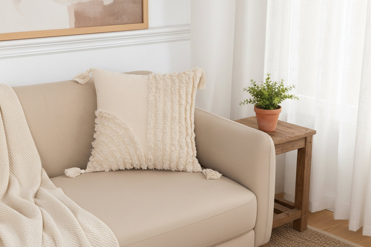 Creamy Texture – Boho-Kissenbezug mit Quasten-Details