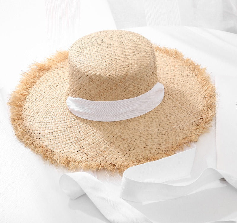 Lafite Strohhut mit breiter Krempe – Eleganter XL-Sonnenhut aus Naturgras mit Kontrastband für Strand & Urlaub