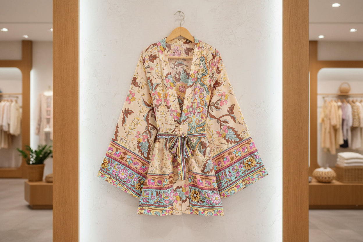 Pastel Blossom: Kurzer Boho-Kimono mit floralem Print & Bindegürtel