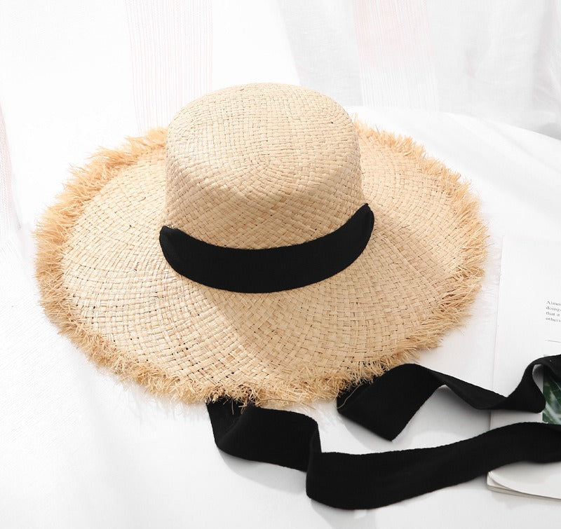 Lafite Strohhut mit breiter Krempe – Eleganter XL-Sonnenhut aus Naturgras mit Kontrastband für Strand & Urlaub