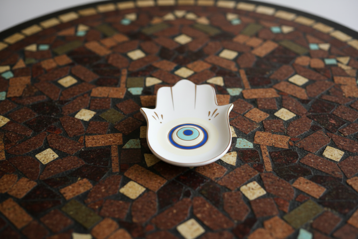 Hamsa Hand Dekoschale Schwarz & Gold – Schutzsymbol "Auge" als Schmuckablage für dein Boho-Home
