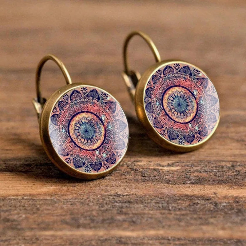 Charm Henna Yoga Amulet Ladies Earrings round Glass Cabochon Earings Jewelry Bohemian Mandala Earrings for Women